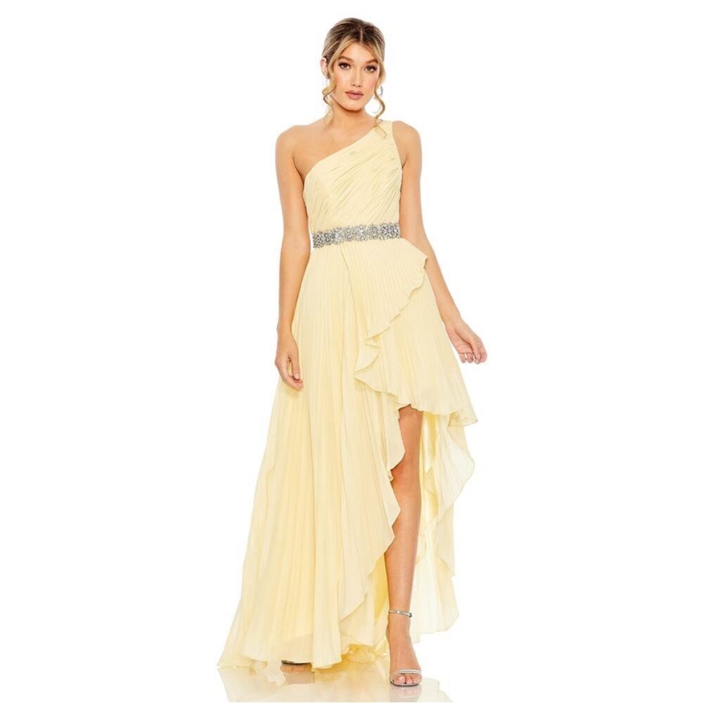 Mac Duggal One-Shoulder Pale Yellow High-Low Gown with Beaded Waist
